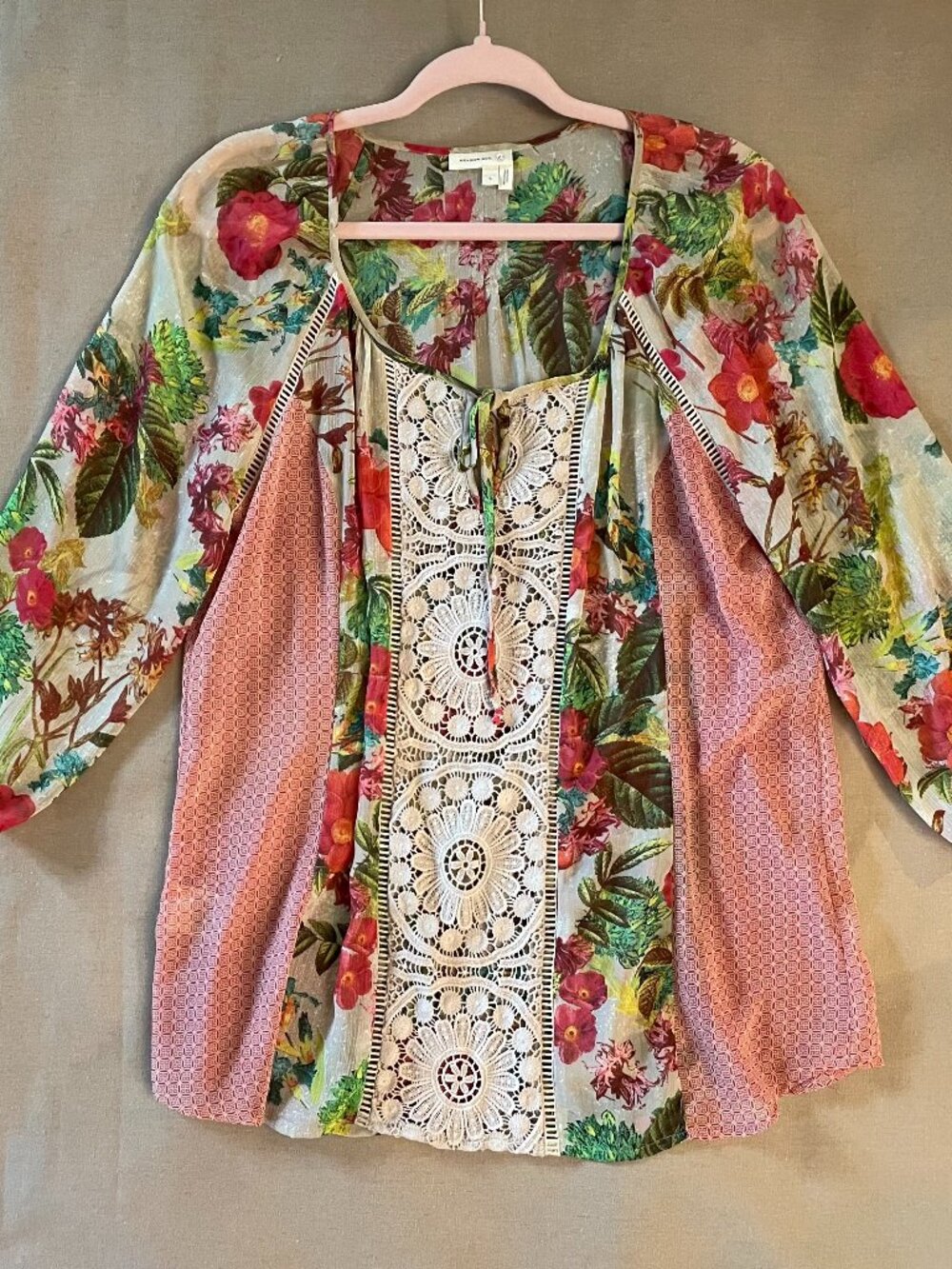 Meadow Rue Blouse Sz L Sheer Floral Lace Patchwork Boho Whimsical